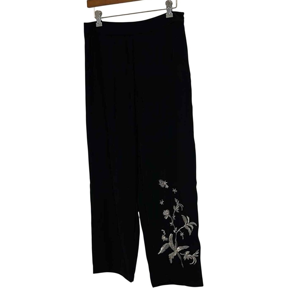 Who What Wear Black Embroidered‎ Wide Leg Trousers Floral Silver Detail Sz 6 NWT